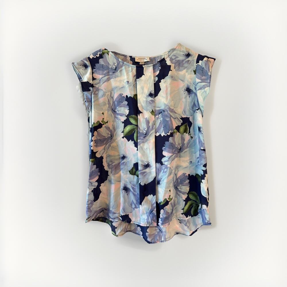 Tahari Arthur S. Levine Career Blue Floral Top Size Large